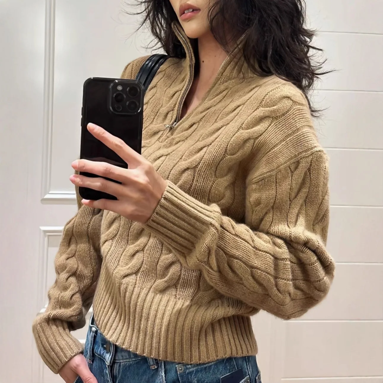 

Chunky Half Zip Wool Sweater, Unisex Cable Knit Pullover, Oversized Mock Neck Winter Layer, Heavy Weight Textured Top