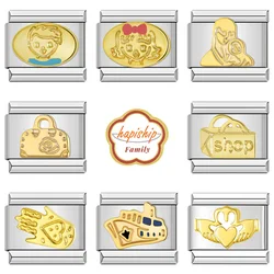 Hapiship Family Women Fashions Gold Color Boy Girls Mummy Charm Links Fit 9mm Bracelet Stainless Steel Making DIY Jewelry NEW091