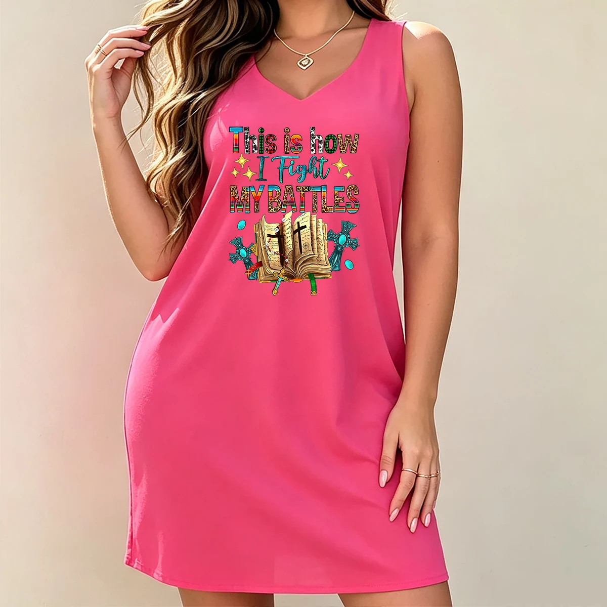 Plus Size Sleeveless Dress This is how I Fight MY BATTLES Bible Cross Colorful Art Print Loose Straight Style Faith Style Dress for Home and Outings