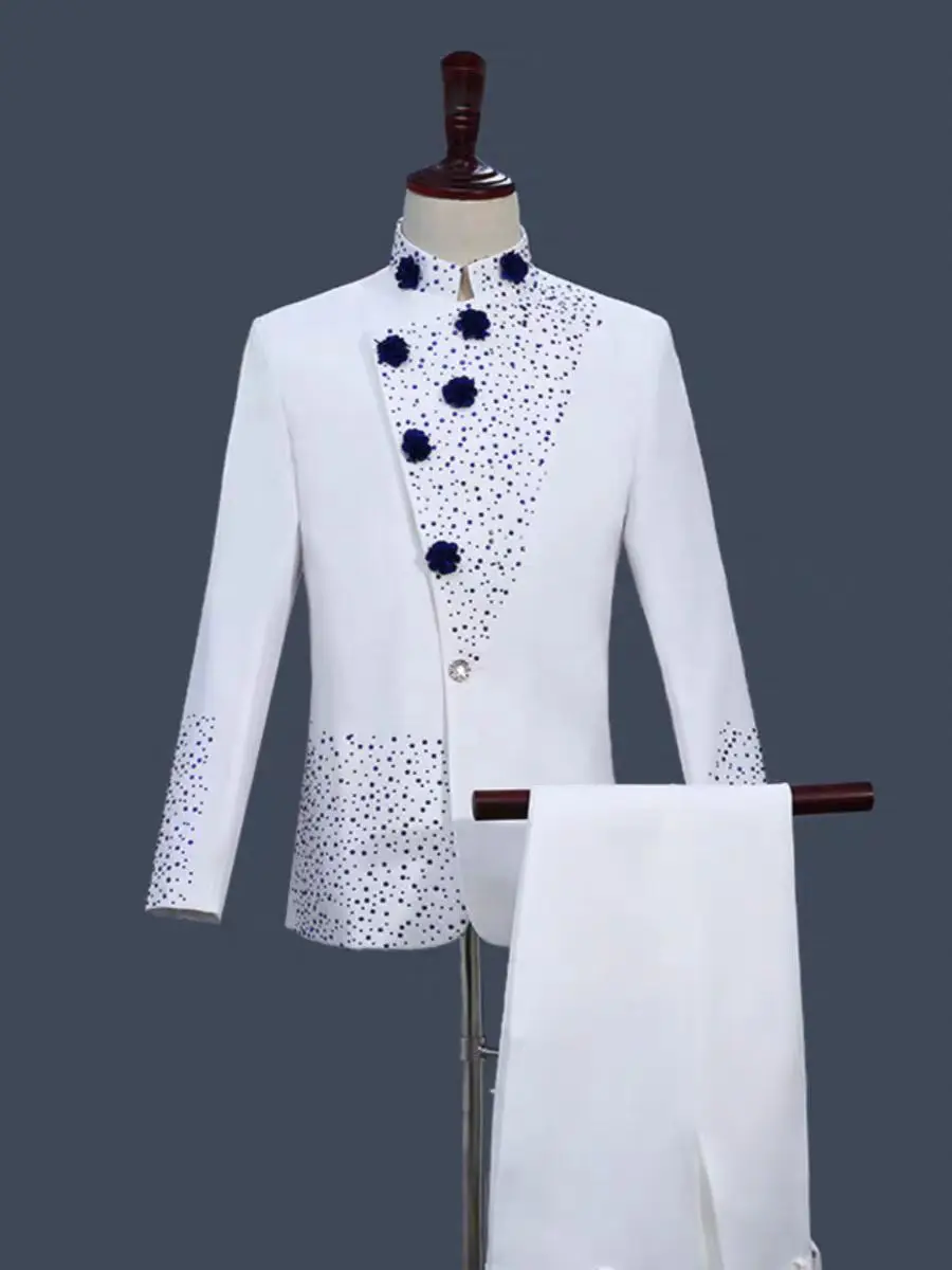 

Chinese Style White with Blue Diamond Inlay Stand Collar Suits Men's Retro button Zhongshan Suits Party Show Performance Set