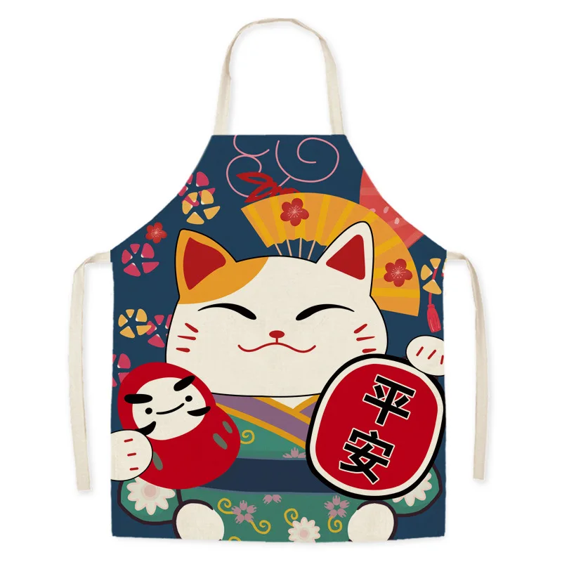 Japanese Cartoon Lucky Cat Decoration Sleeveless Apron Cotton Linen Kitchen Aprons Women Home Cooking Baking Waist Bib Pinafore