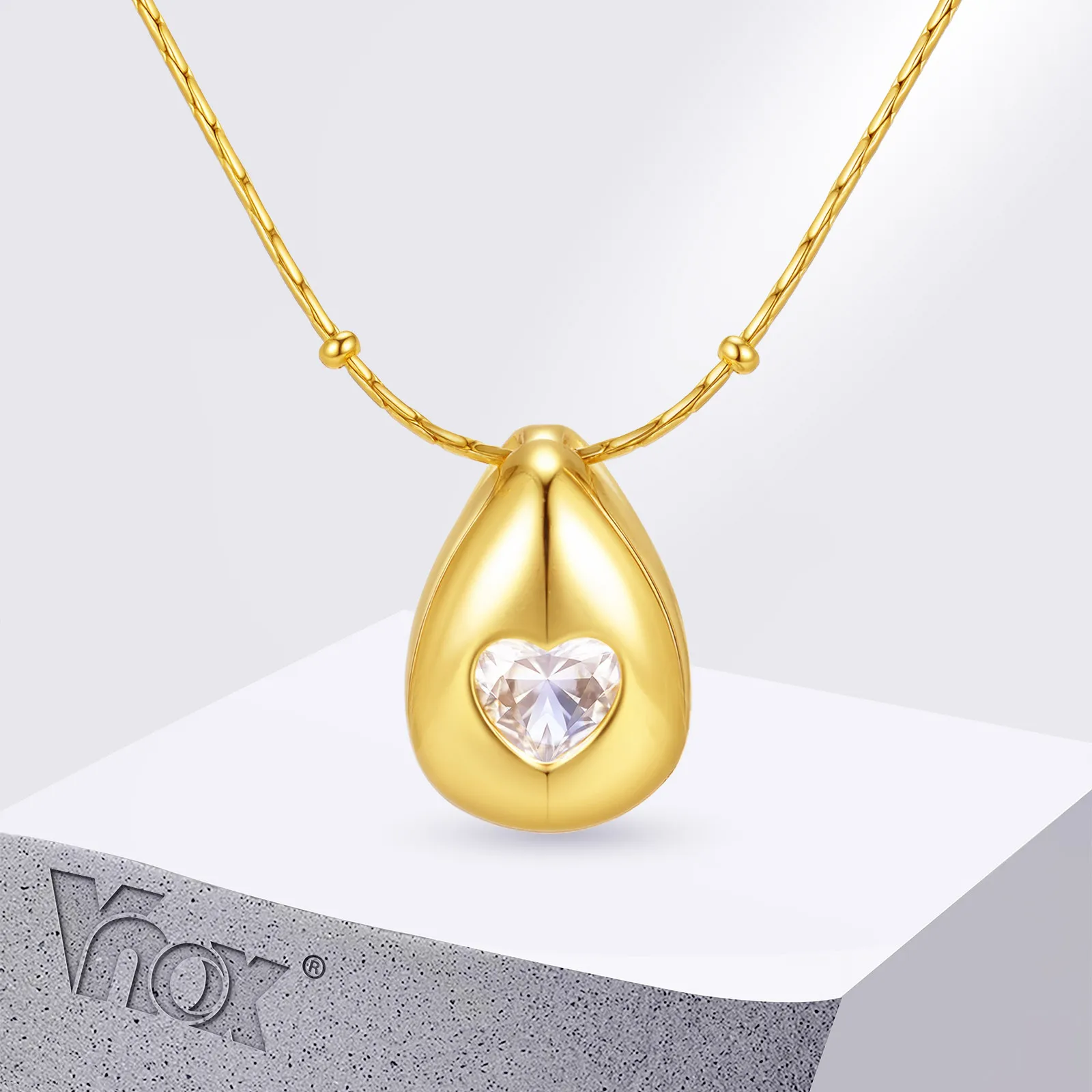 Vnox Heart Zircon Inlaid Water Drop Necklace For Women，Stainless Steel Chain Trendy Pendent Chokers Accessories Fashion Jewelry