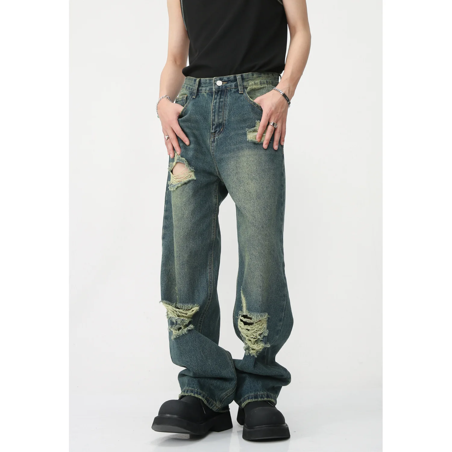 

Men's Clothing 2025 New Retro Loose Mopping Floor Ripped Hip Hop Trend Denim Pants