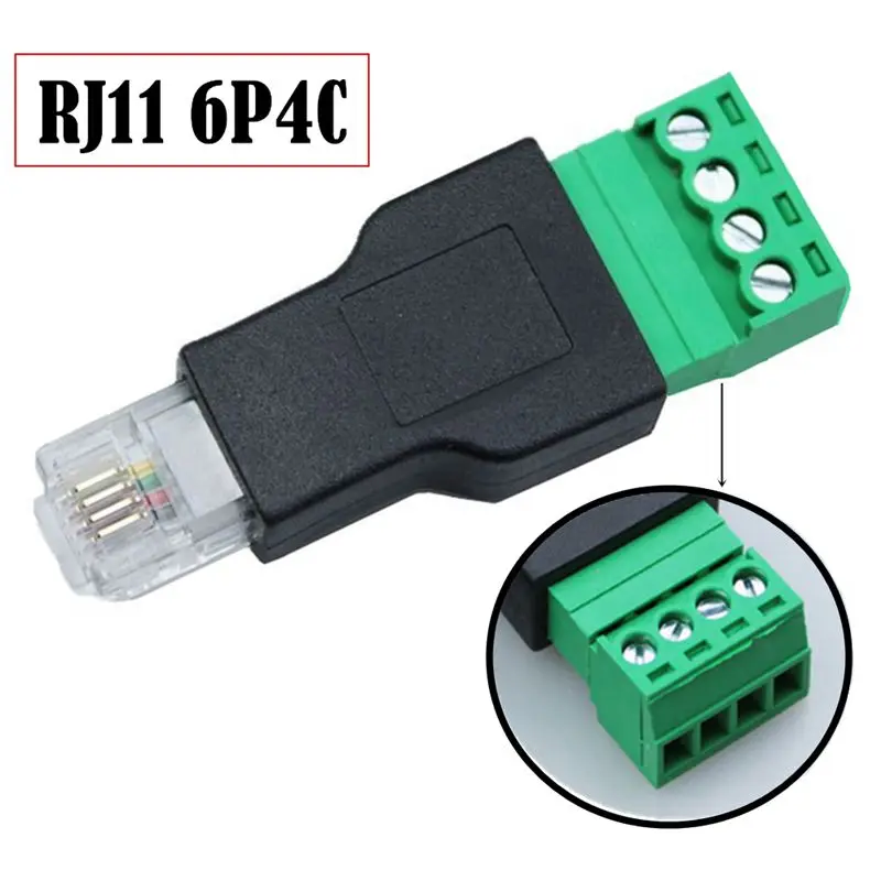 RJ11 Crystal Head 6P4C Male to 4P Green Solder Free Screw Terminal Adapter Suitable For Telephone Receiver Cables