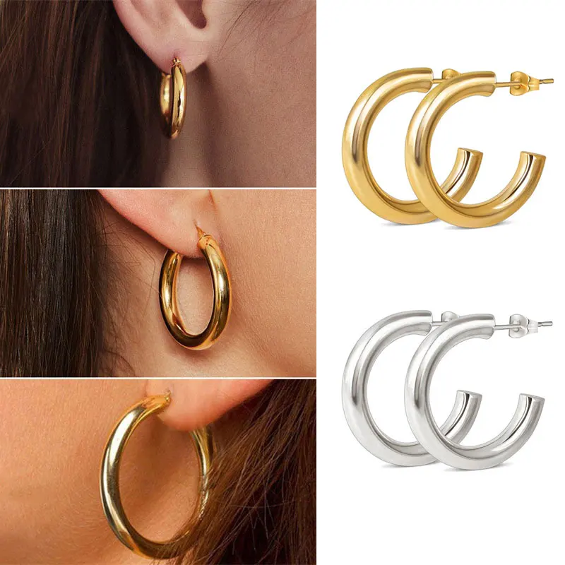 Minimalist C Shaped Piercing Hoop Earrings for Women 2023 Trending Gold Color Hollow Chunky Earrings INS Ear Piercing Jewelry