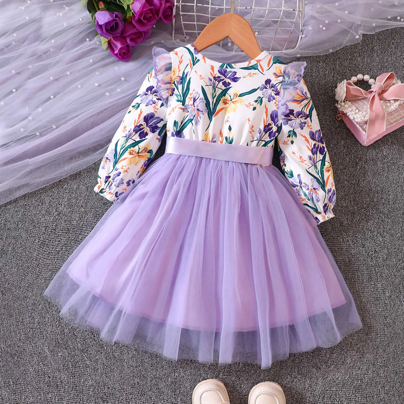 Girl Dresses 2023 Autumn Kid Clothes Long Sleeve Patchwork Floral Print Mesh Princess Party Dress for 1-6 Years Girls Clothes