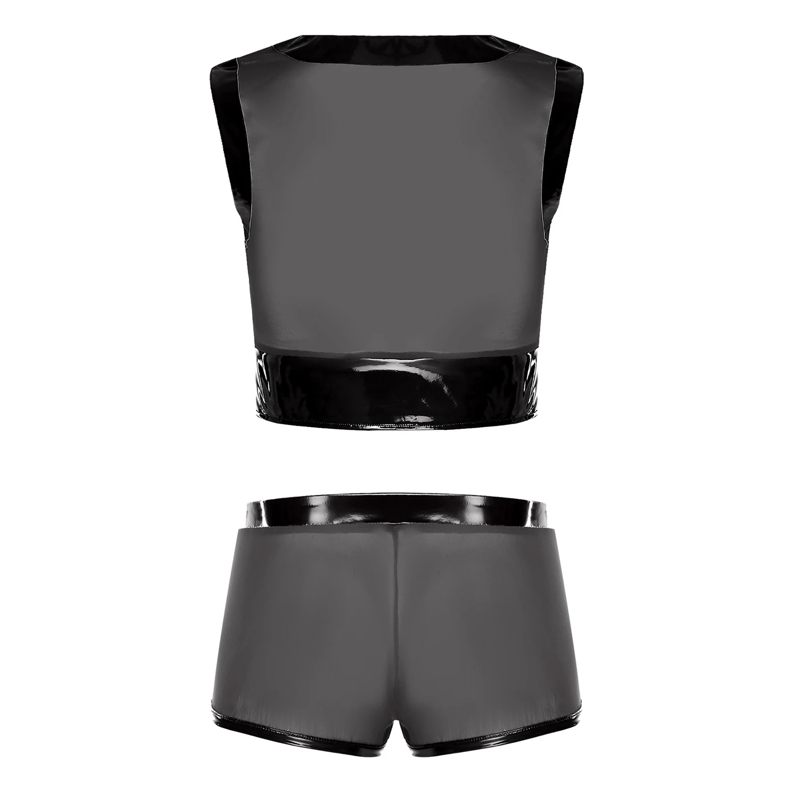 Mens 2Pcs Lingerie Sets See Through Mesh Outfit Round Neck Sleeveless Patent Leather Tank Tops with Bulge Crotch Briefs Shorts