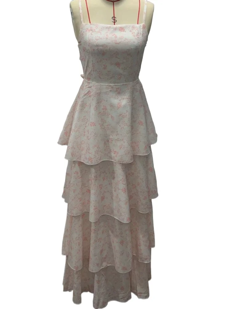 

Print Flowers Spaghetti Straps Back Bow Long Summer Dress