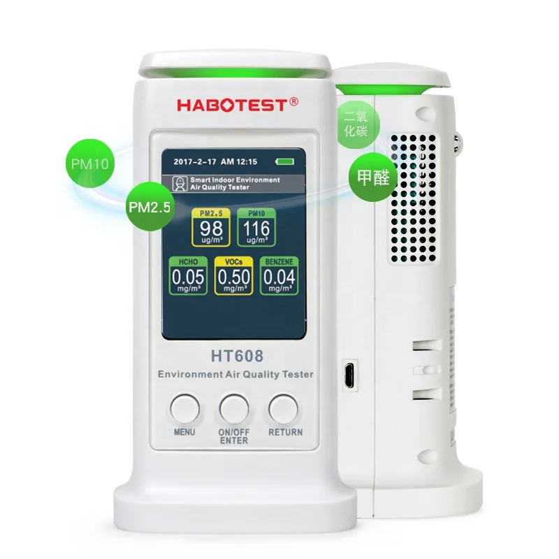 Air Quality Detector Gas Checker Tester Environmental Meter PM2.5 PM10 HCHO TVOC Pollution Monitor HT608 Indoor Outdoor Ce,rohs