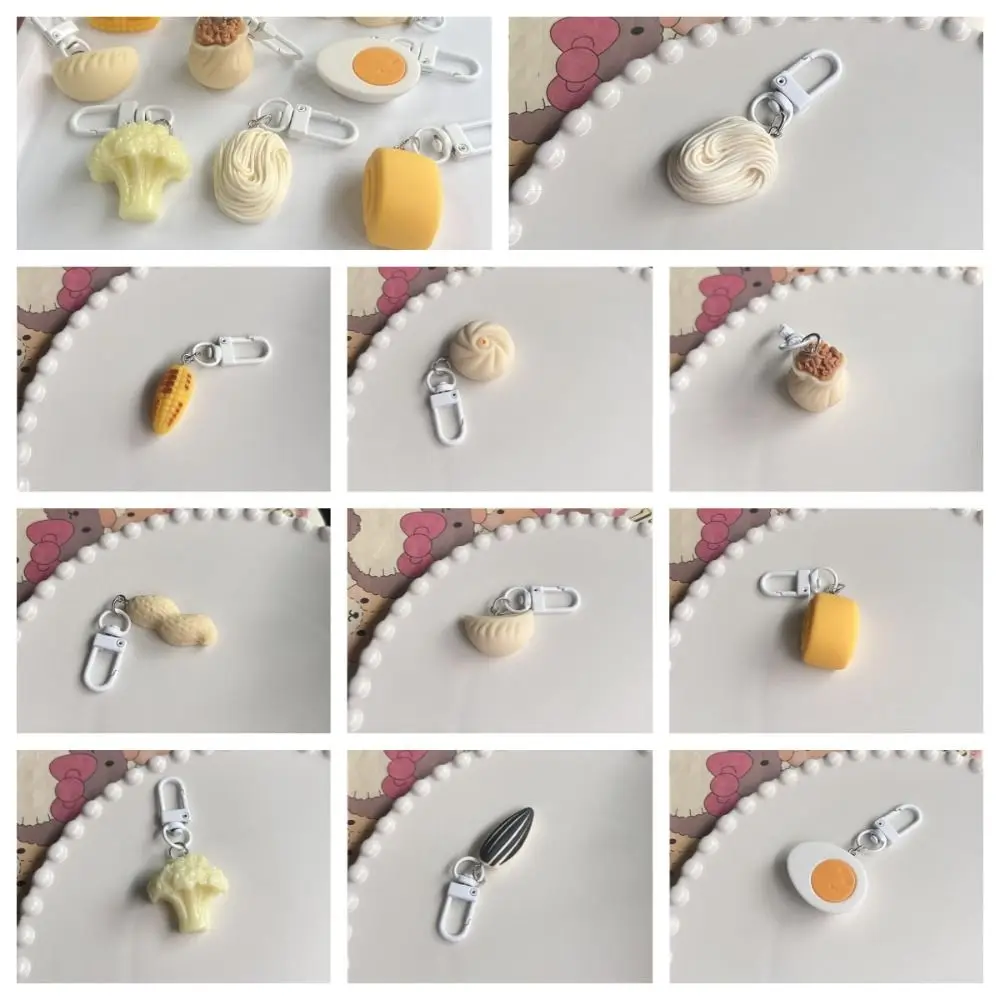 Bollo relleno al vapor, bonito llavero de comida, huevos, maíz, colgante de desayuno chino, mochila, dijes, llavero de comida de simulación de fideos