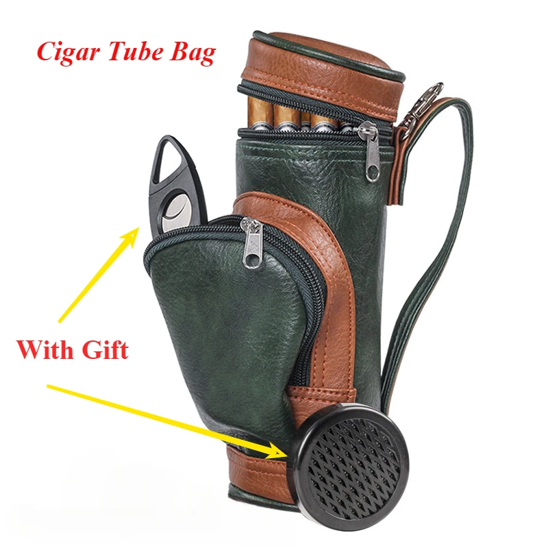 

Travel Cigar Tube Accessories Portable Cigar Golf Bag For Men Gift Leather Humidor Holder Cigar Cutter & Humidifier