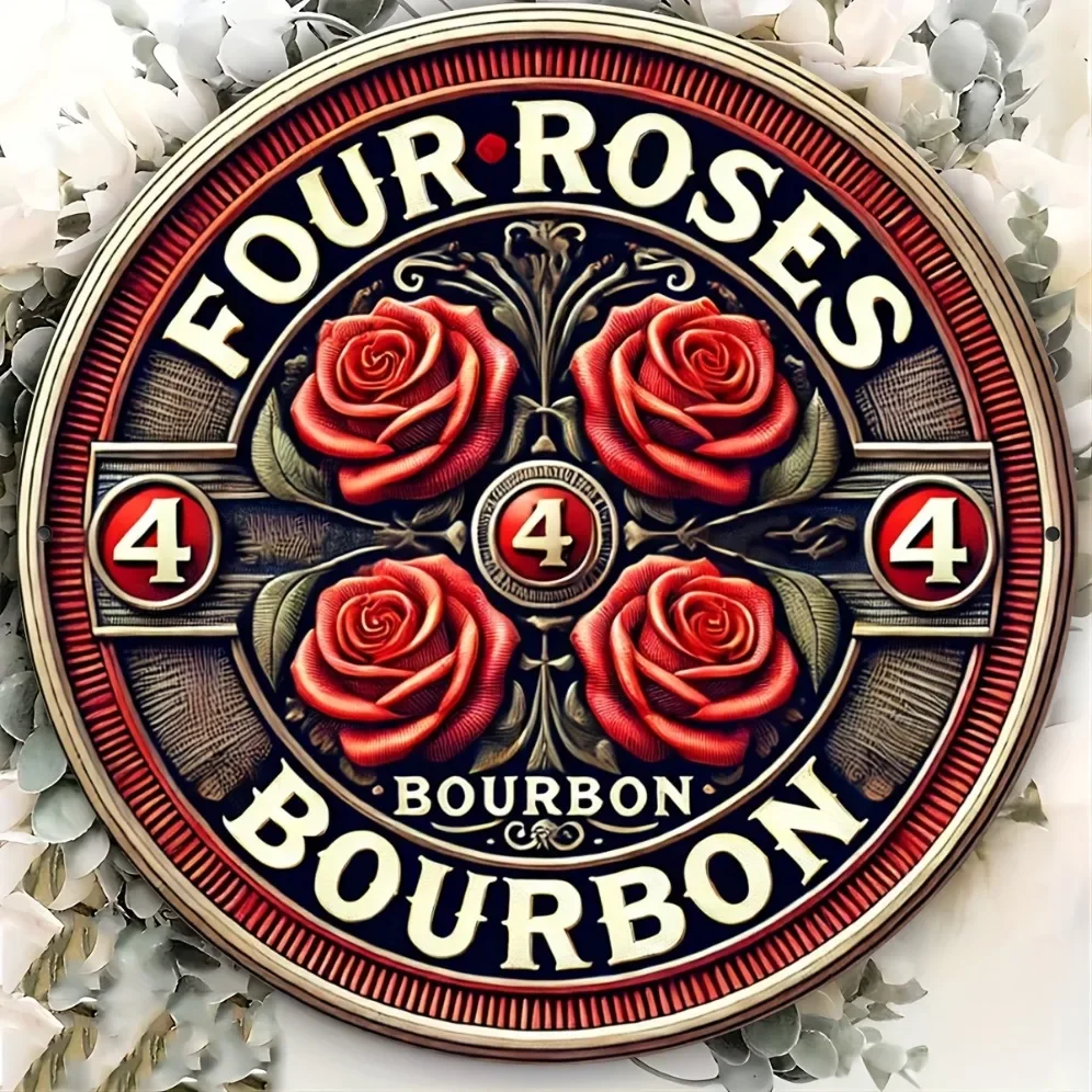 Placa de letrero de estaño de Metal Vintage Bourbon de cuatro rosas, decoración de pared para Bar, Pub, cueva de hombre, arte temático de destilería, 20x20cm, 1 ud.