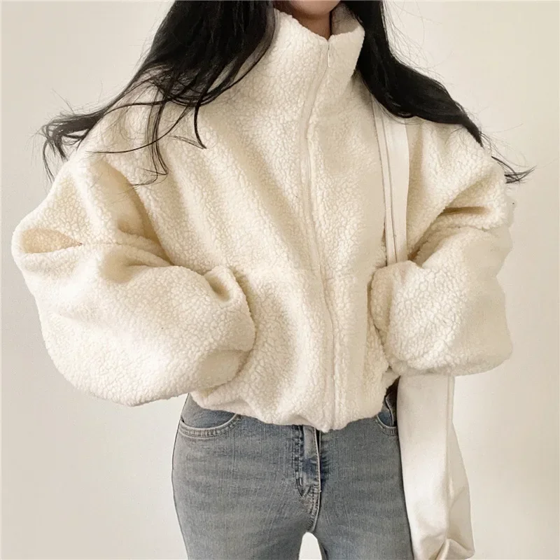 Design Sensitive Short Standing Collar Warm Imitation Lamb Wool Jacket for Women\'s New Loose and Versatile Zipper Cardigan Top