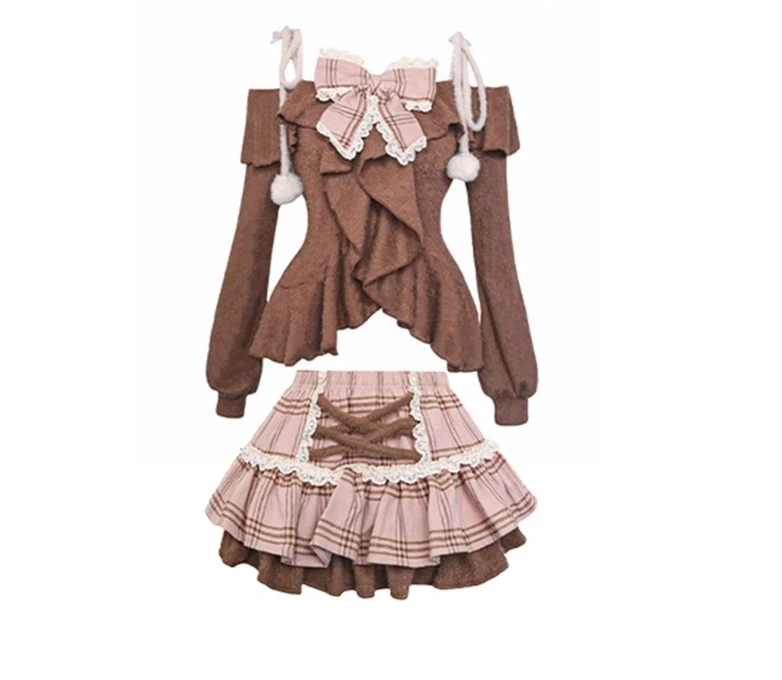 New Korean Retro Y2k Plaid High Waist A-line Lace Cake Mini Skirt Girl Autumn Winter Sweet Cute Bow Artificial Animal Hair Top