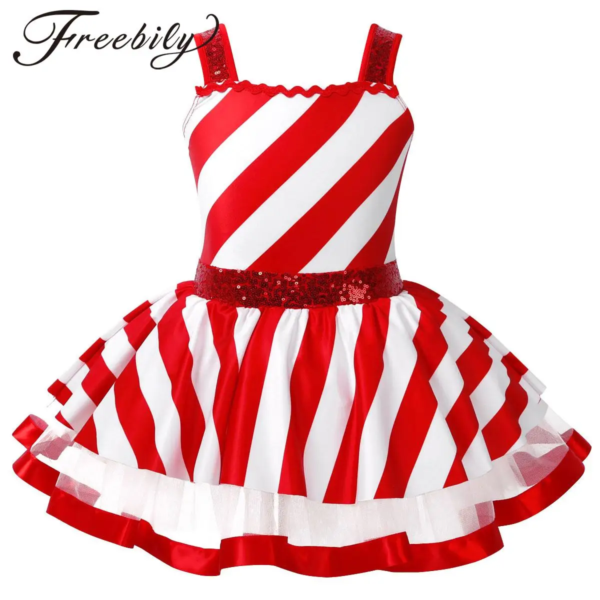 Girls Christmas Candy Cane Costume Shiny Sequins Striped Mesh Skating Ballet Dance Dress Leotard Tutu for Carnival Circus Party