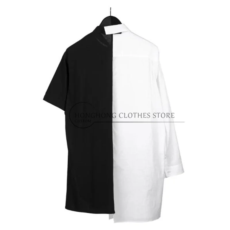 Japanese original design dark-themed niche black and white pure cotton patchwork short-sleeved high-quality men's shirt