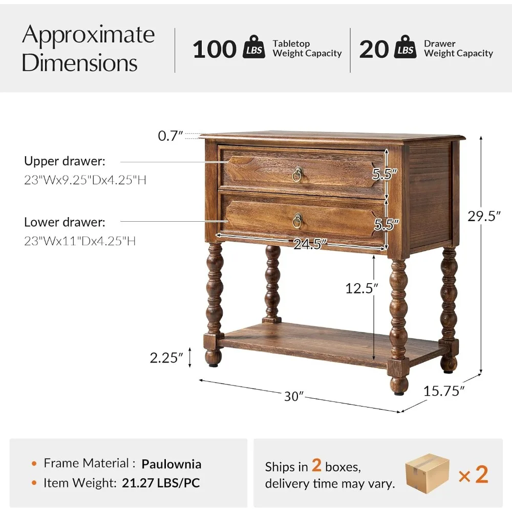 Farmhouse Style End Table with Charging Station, 2-Pack Walnut | Open Shelf, Drawer Storage, Solid Wood Construction