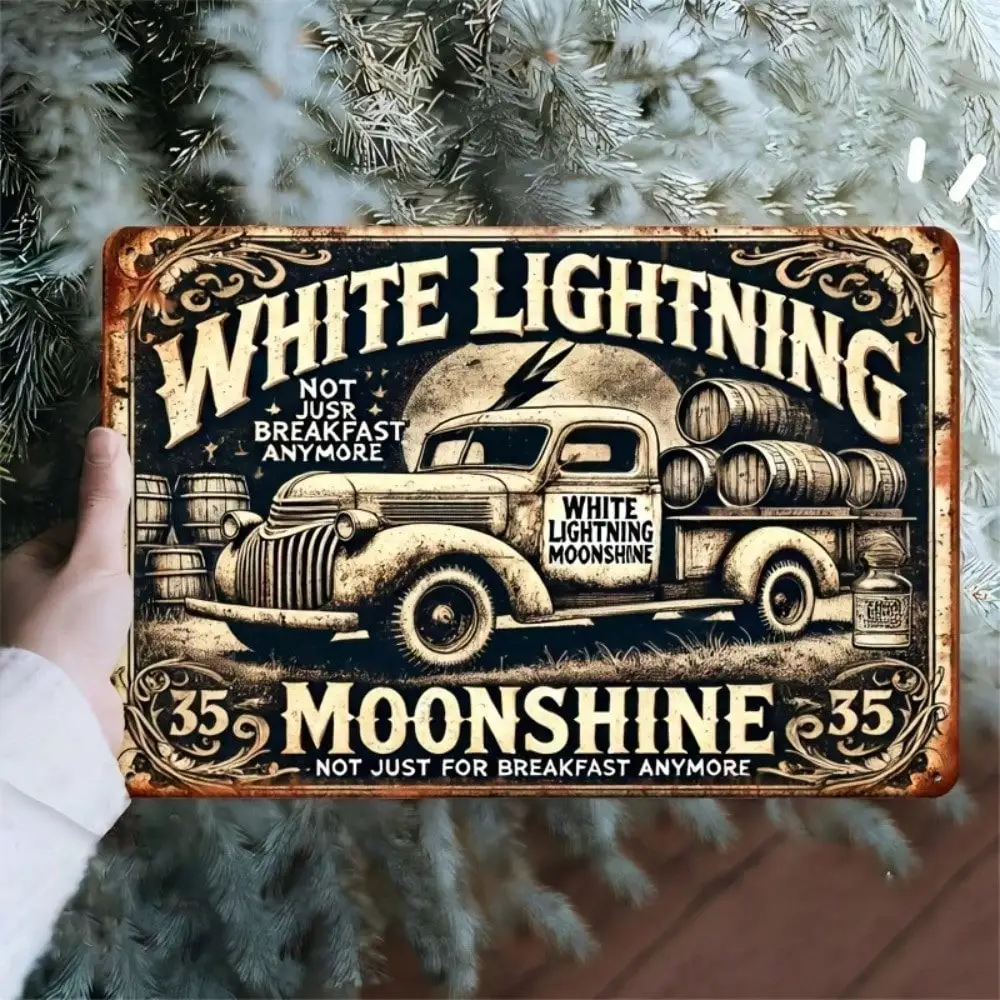 Vintage White Lightning Moonshine Metal Wall Decor 8x8 Inch - Rustic Iron Sign Bar Garage “Not Just For Breakfast” Saying