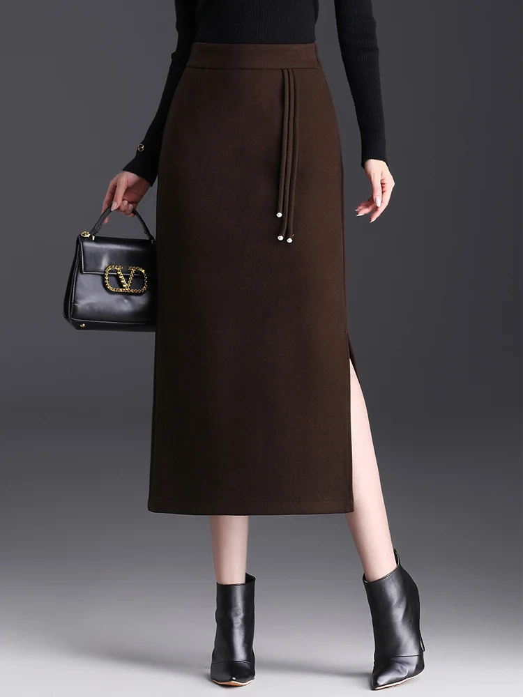 

Womens Autumn/Winter Black/Coffee Woolen Pencil Skirt Fashion High Waist Ladies S M L XL XXL 3XL Size Female Mid-calf Skirt