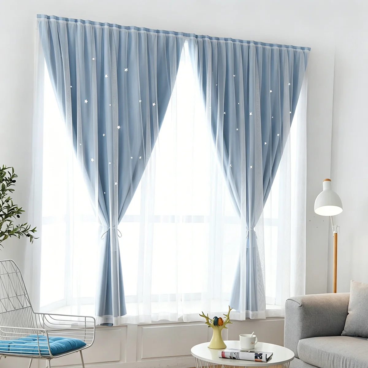 Blue Double‑Layer Hollow Star Magic Tape Curtains 2pcs, Self‑Adhesive Light Filtering Drapes for Bedroom Living Room Apartment