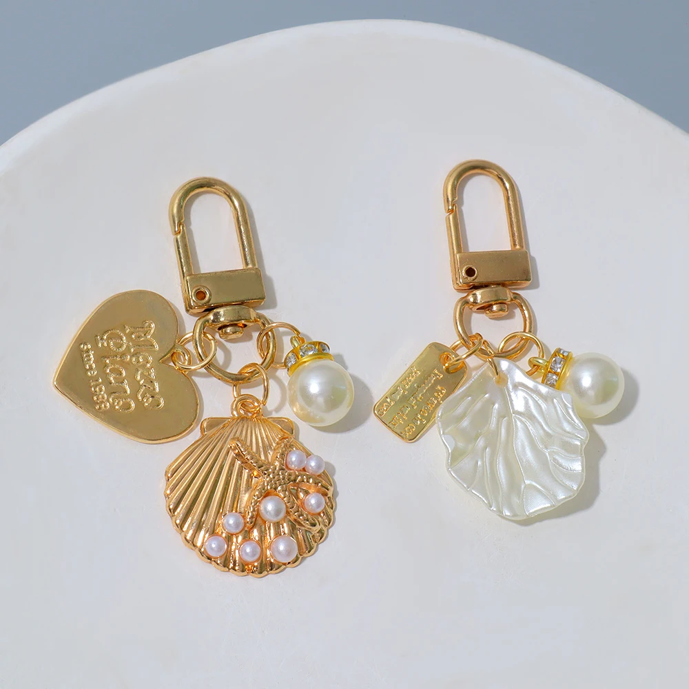 LLavero de perla de concha de aleación creativo para mujer, bonito llavero con colgante de concha, adorno para bolso, accesorios para llaveros de coche, regalos pequeños
