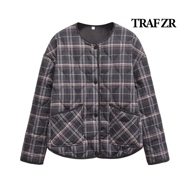 TRAF ZR Padded Coat Warm Woman Winter Coats Elegant Luxury Women's Coat New in Outerwears Snow Parka O-neck Plaid Print Parkas