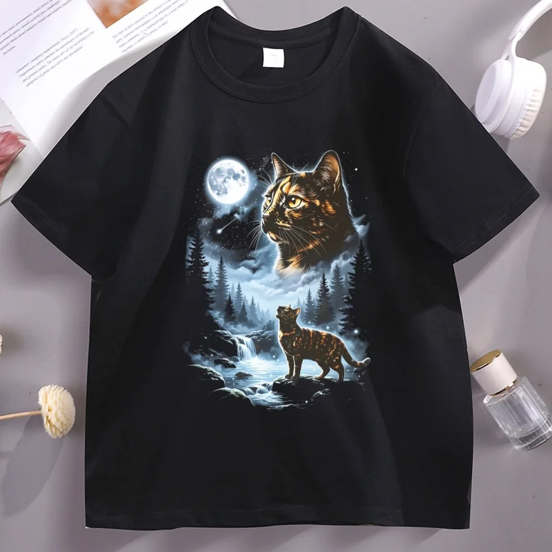 Funny Cat Howling To The Moon T Shirt Halloween Tshirt Men Women Causal Cotton Short Sleeve Round Neck Tshirts Clothing