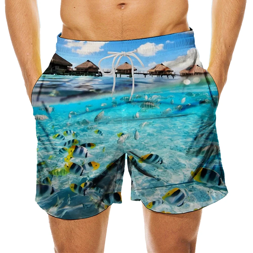 Pantalones cortos de estilo playero para hombre, cómodos e informales, forro de malla con cuerda de tracción y, con estampado escalonado, para