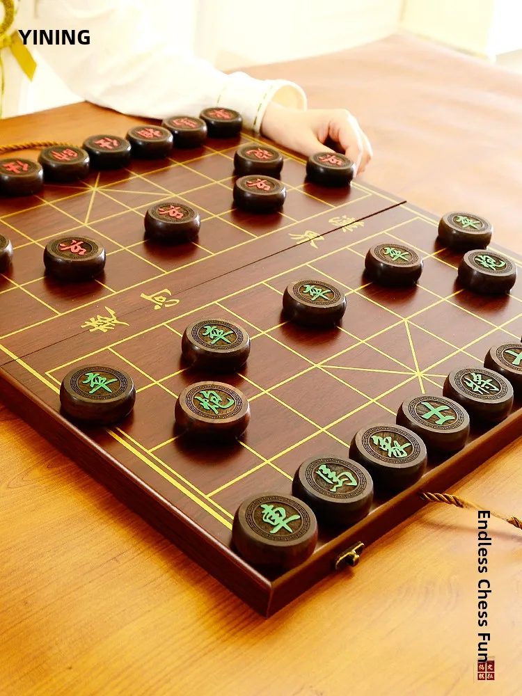 Large Size Adult Black Ebony Chess Set with Chessboard Sinkable Wooden Chess Pieces Foldable Wooden Chess Box Chinese Chess