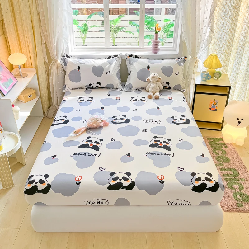 1pc 100%Cotton Bed Sheet for Kids Panda Printed Cute Cartoon Style Fitted Bed Sheet with Elastic Band 360All-inclusive Bed Sheet