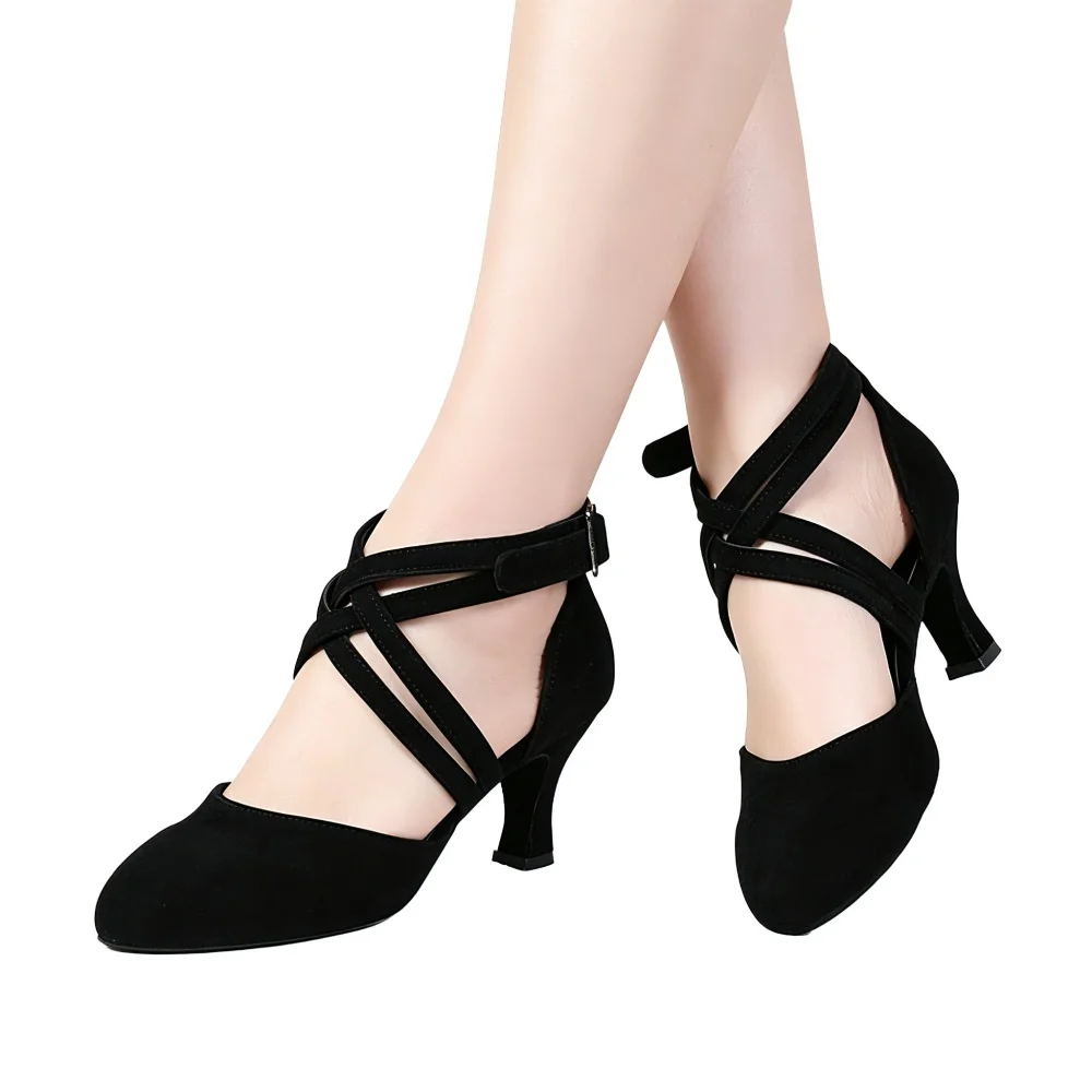 Women Suede Latin Dance Shoes 5/6cm Heel Cross Ankle Strap Ballroom Tango Salsa Dancing Shoes Soft Sole Dance Heels