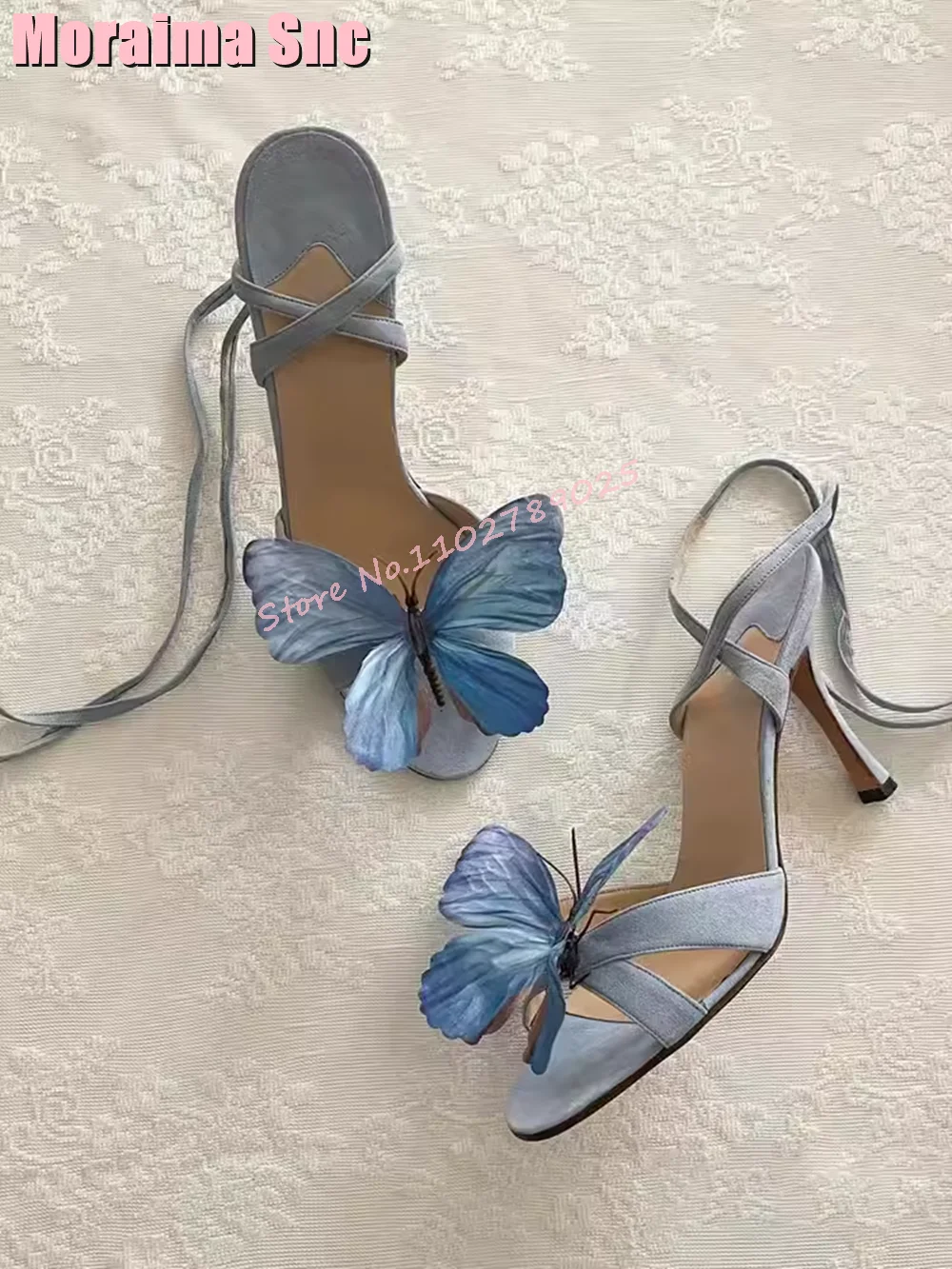 Sandalias de Punta abierta redondas con decoración de mariposa única, tacón alto de aguja con correa trasera, colores mezclados, zapatos de moda para mujer, banquete de verano