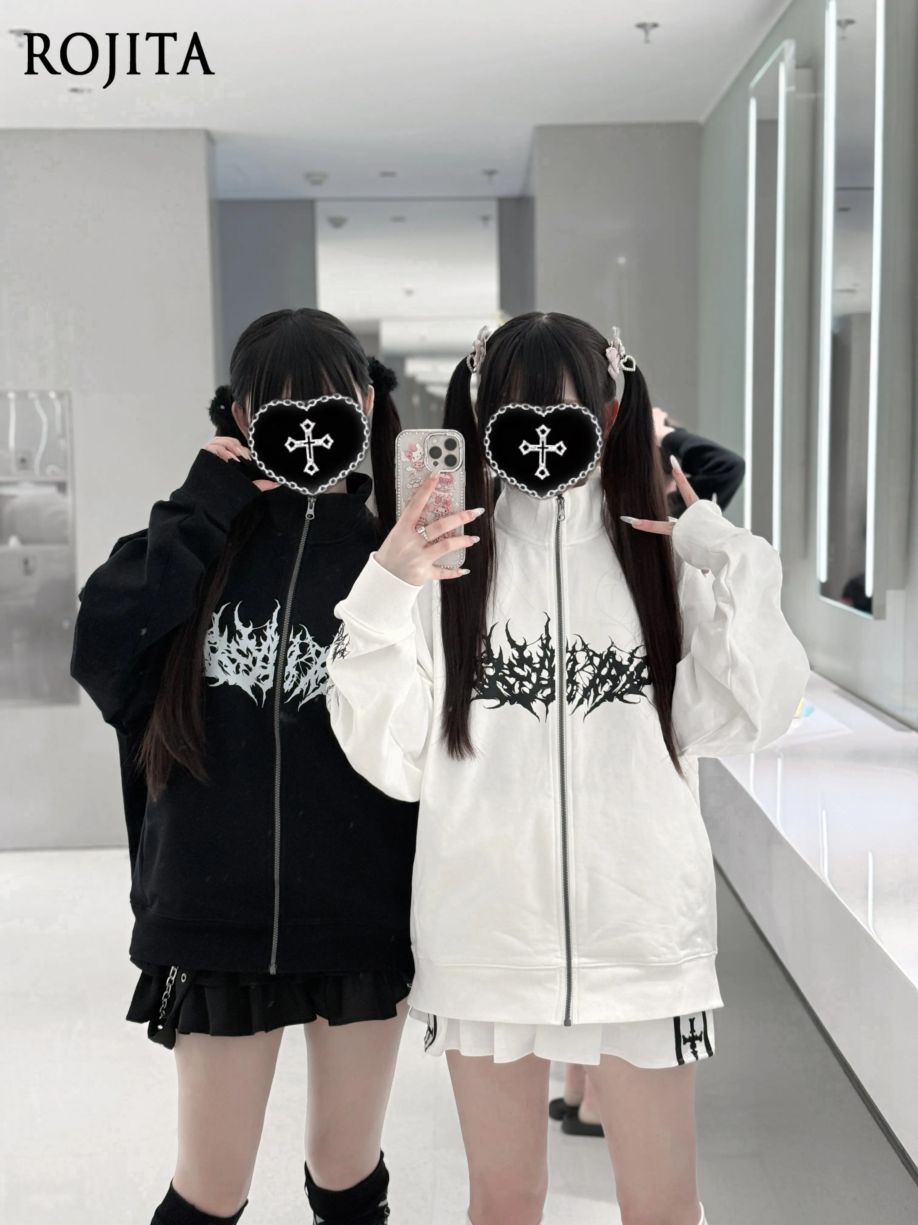 

Subculture Gothic Mass-Produced Punk Gothic Black and White Spring and Autumn Zipper Sweatshirt Half Turtleneck Sweatshirt