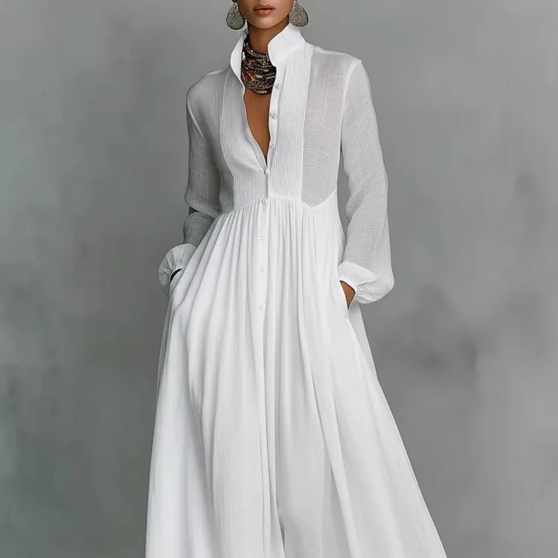 Casual Pocket Lange Mouw Swing Jurk Mode Stand Kraag Franse Witte Jurk Vrouwen Elegante Single-breasted Geplooide Lange Jurk