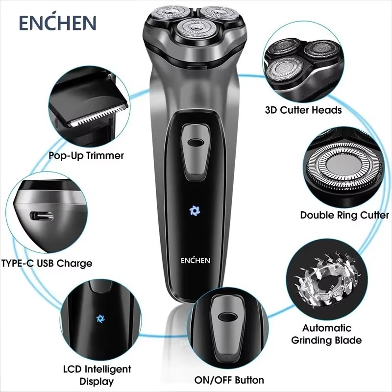 Afeitadora eléctrica Enchen 3D Blackstone 3 IPX7, afeitadora impermeable de doble uso en seco y húmedo, para rostro y barba, con batería y pantalla digital para hombres