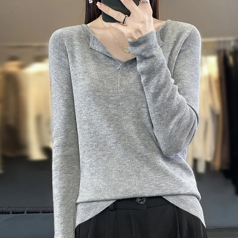 Women 100% Merino Wool Soft Sweater Half Open Collar Solid Pullover Autumn Winter Female Slim Casual Knit Cashmere Basis Top