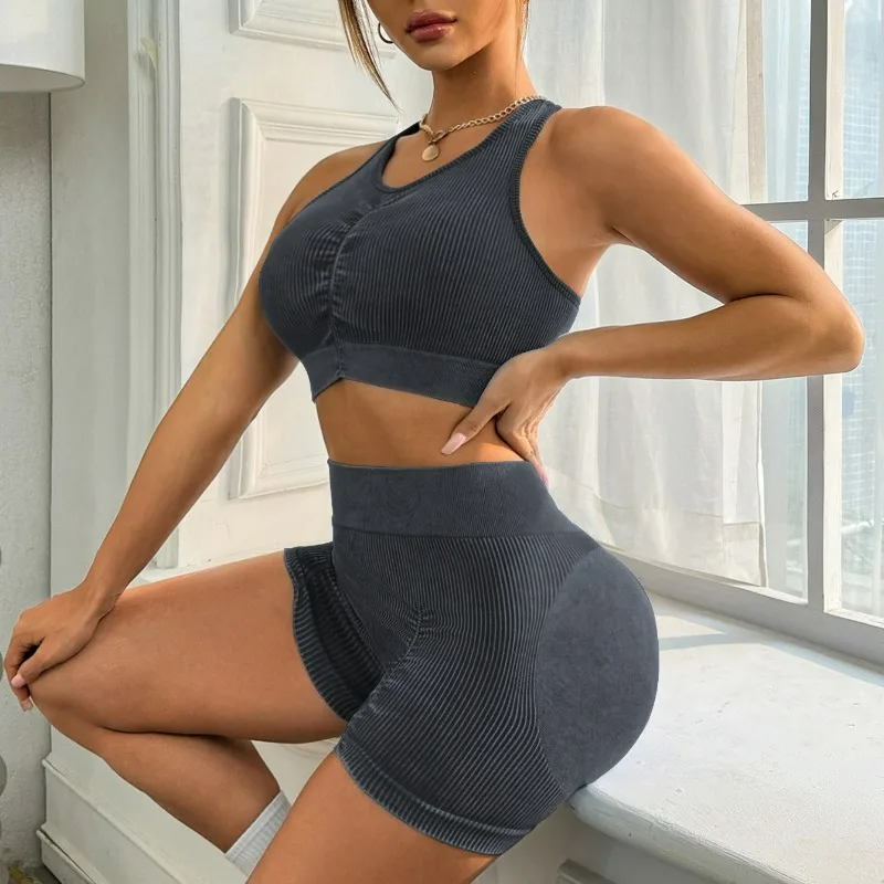 New Washed Matte Seamless Yoga Suit Bra Peach Hip Tight Breathable Shorts Fitness Suit Sports Suit
