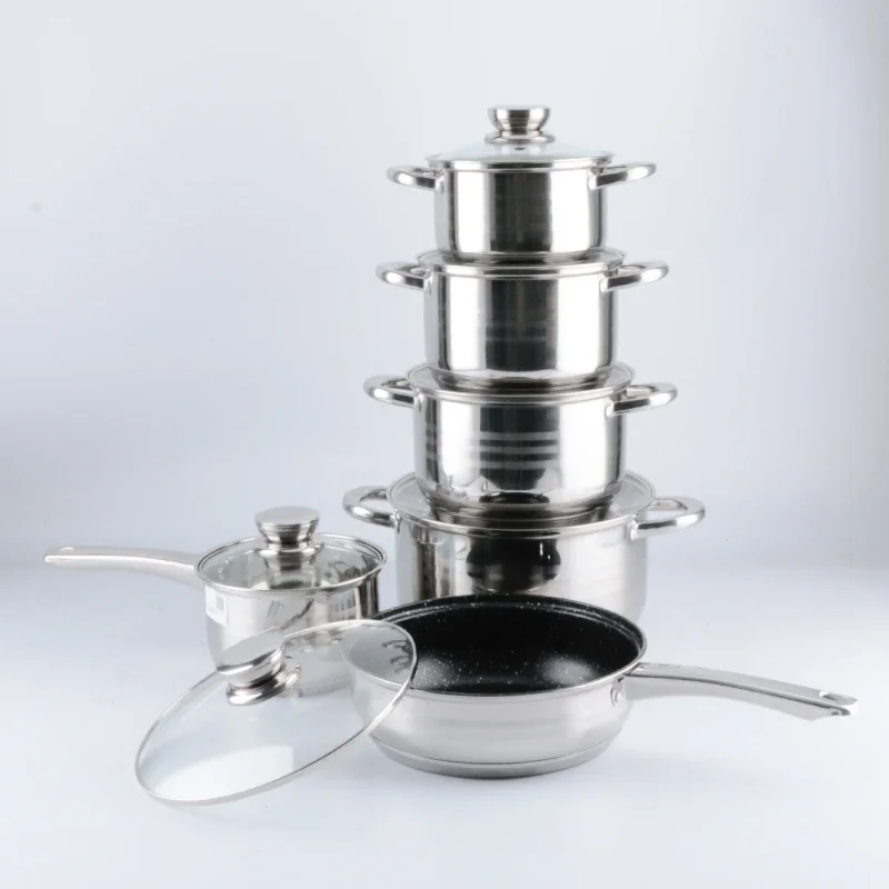 

z 5 Layers Double Bottom Stainless Steel Glass Lid Fry Pan Cooking Pots Cookware Set