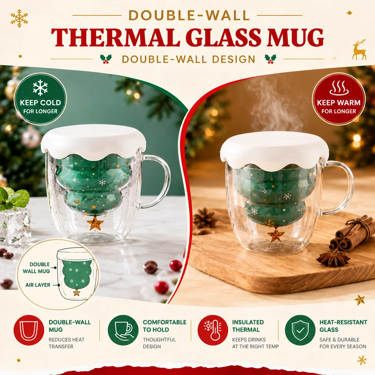 Christmas Glass Coffee Mug Tea Milk Cup with Lid and Handle Double Wall Insulated Glasses Espresso Cup Christmas Tree Coffee Mug