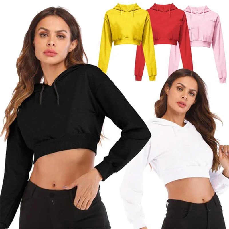 Fashion Womens Sexy Casual Long Sleeve Hooded Short Sweatshirt Plain Crop Tops Pullover Hooded Sweatshirt