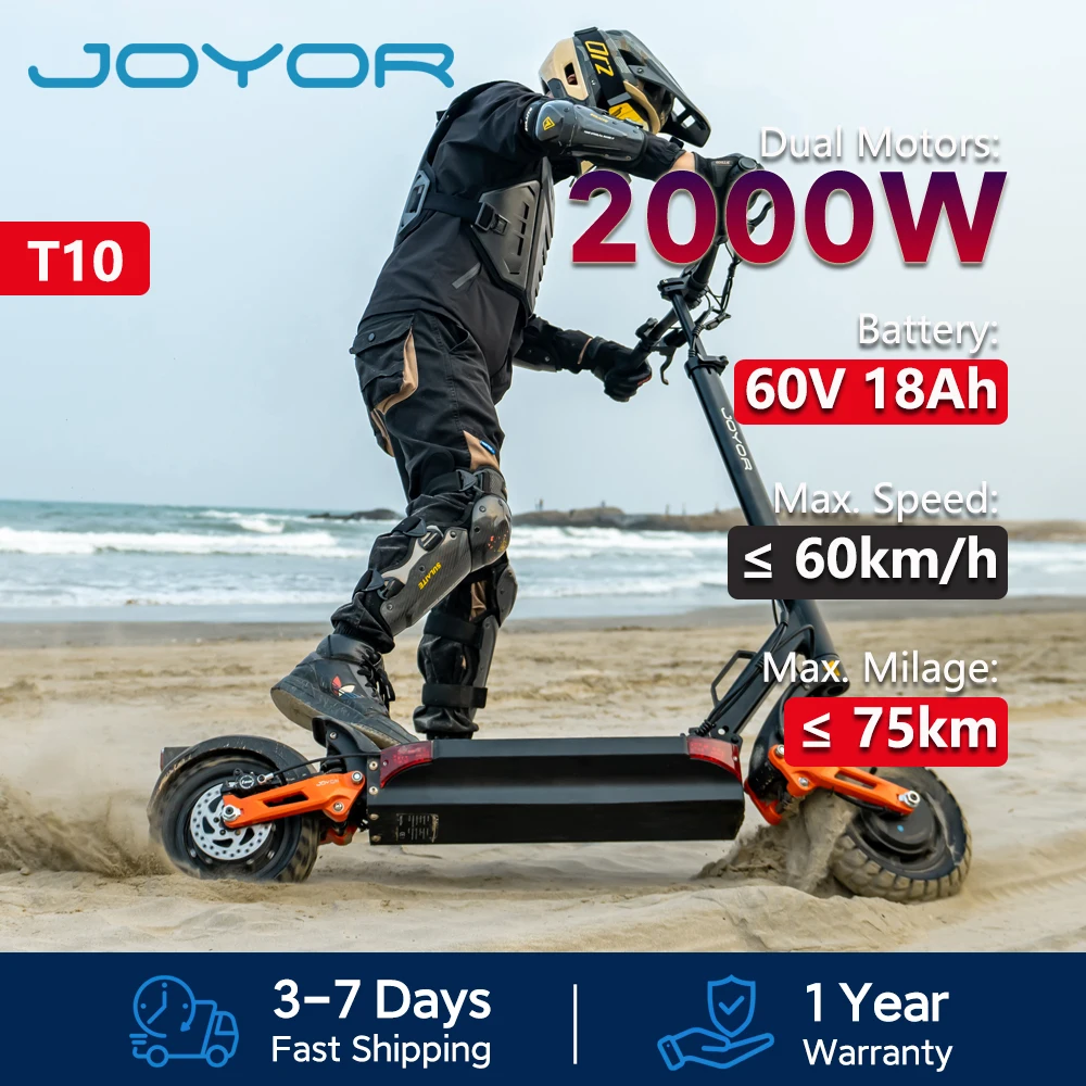 JOYOR T10 Trottinette electrique adulte, Double moteur 1000W, Batterie 60V 18Ah, Pneu 10'', Autonomie 75 km, Vitesse max 25 km/h