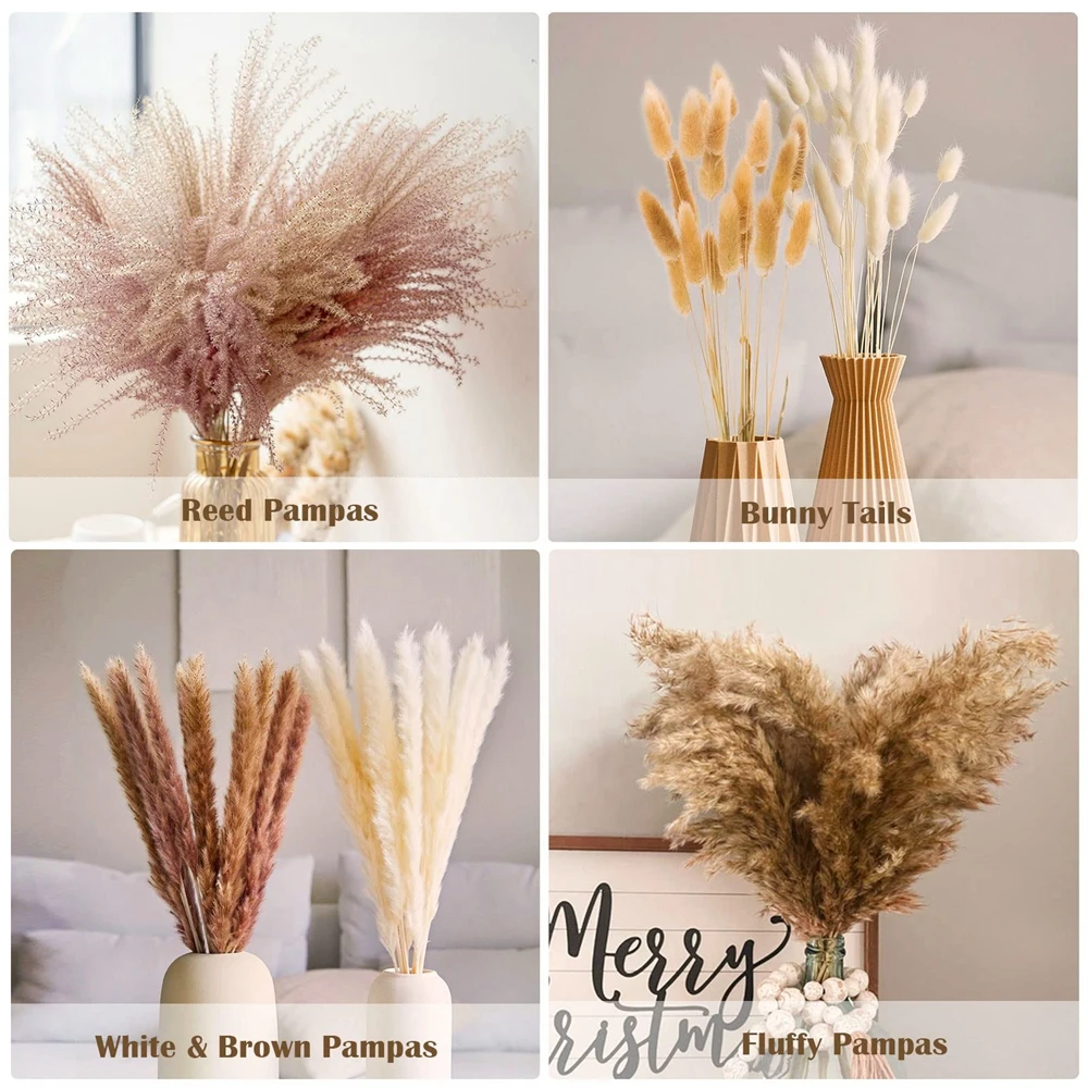 110 pcs Natur Dried Flower Bouquet Fluffy Pampas Grass Boho Home Phragmites Dried Flowers for Wedding Party Decoration