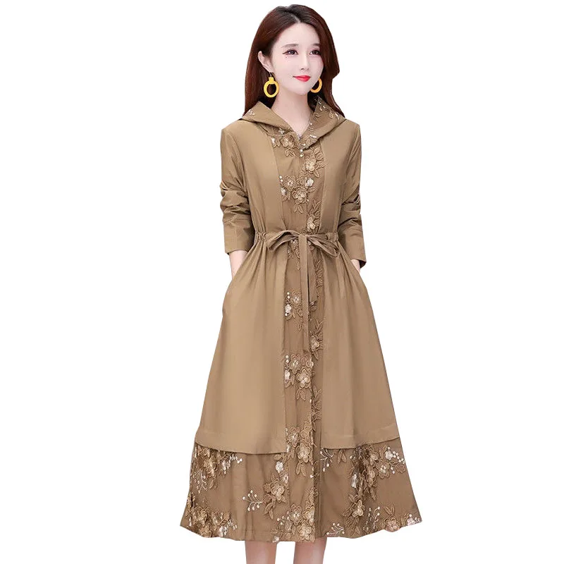 

Hooded Plus Size 5XL Long Trench Women Nice New Spring Autumn Windbreaker High-end Embroidery Lace Stitching Slim Lady Coat F020