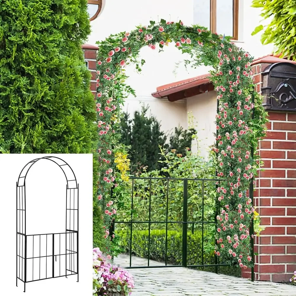 Double Gate Metal Arbor with Climbing Plants, Outdoor Garden Archway for Weddings and Garden Decor