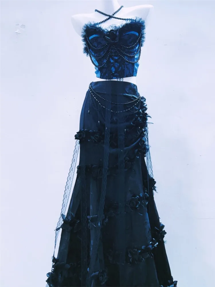 Deep blue pearl sleeveless three-dimensional floral vest classical long dress