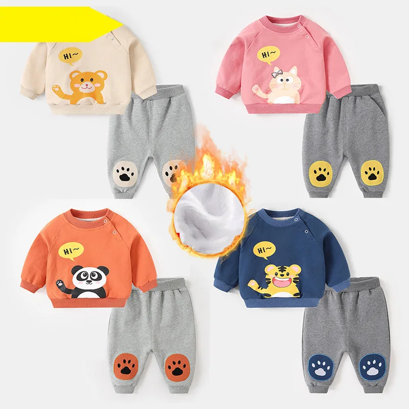 

Autumn Winter Baby Girl 2PCS Clothes Set Cotton Tiger Cat Fleece Kid Girl Sweatshirt Patched Warm Jogger Pant Infant Girl Outfit