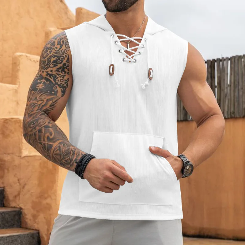 Summer New Style European and American Youth Casual Jacquard Knitted Hooded Lace-up T-shirt Sleeveless Vest