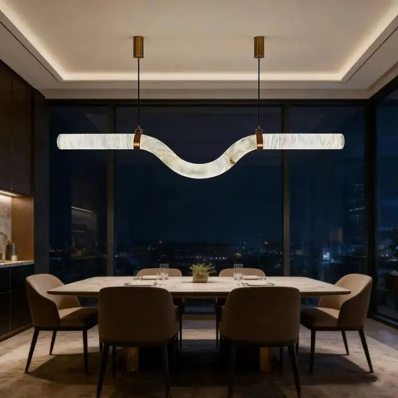 Modern Wave Shape Faux Alabaster Pendant Light Led Long Hanging Chandelier For Dining Room Kitchen Island Home Decor