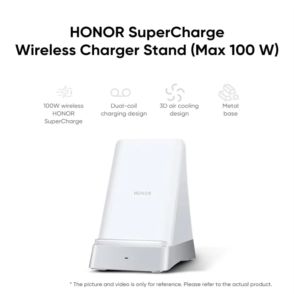 

100% Original HONOR SuperCharge Wireless Charger Stand (Max 100W) 3D Air Cooling Smart Mute Dual-coil Charging Design Metal Base