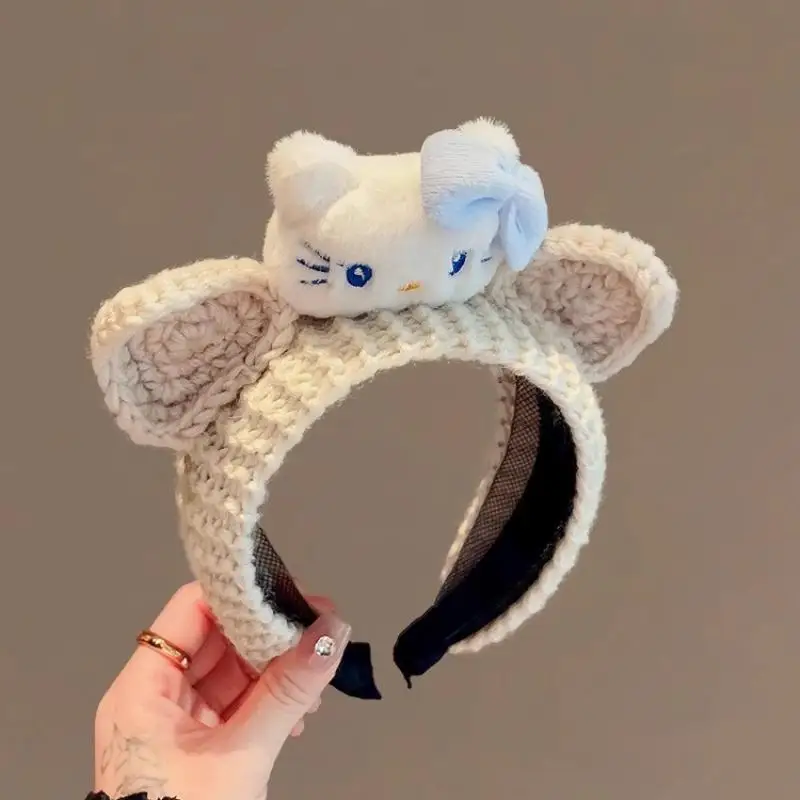 Cartoon Hello Kitty Knitted Handmade Wool Hairband Kawaii Portable Washing Hairpins Sweet Girls Hair Accessories Gifts